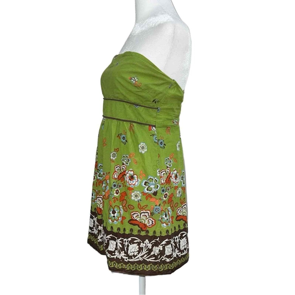 Agaci Too Strapless Mini Dress Womens Medium Green Floral Smocked Boho Cotton - Picture 4 of 6